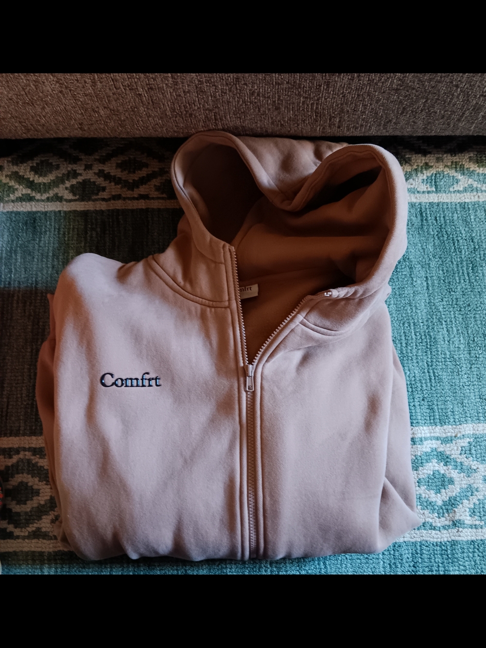 Embroidered 'Comfrt' Beige Zip-Up Baggy Hoodie